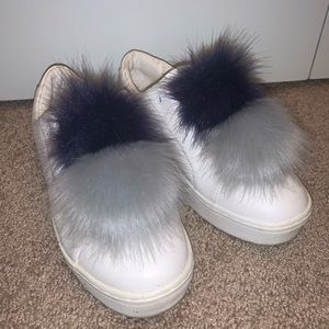White Sam Edelman Sneakers with Grey and Navy Poms